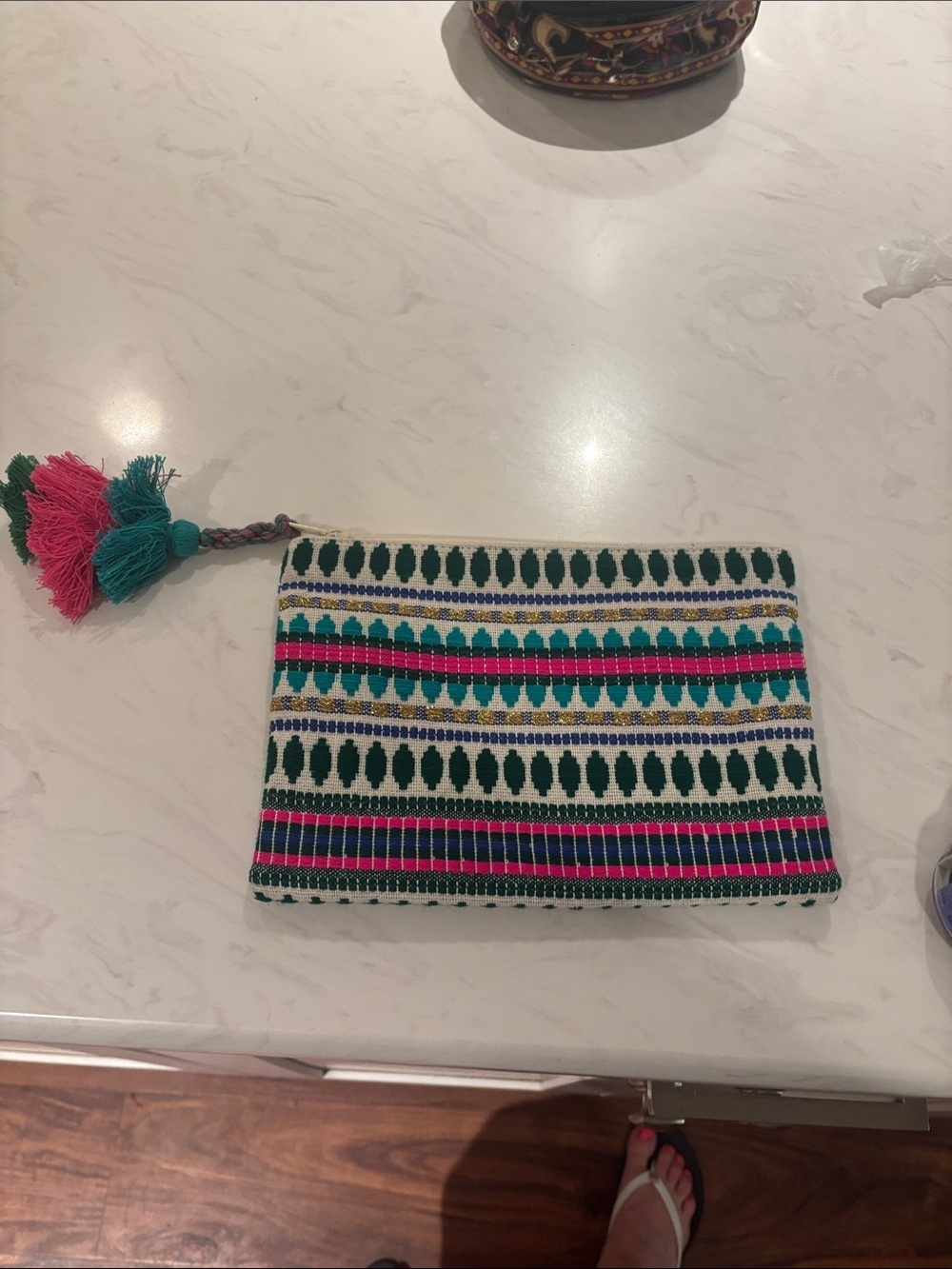 Embroidered Tassel Zip Pouch in Green, Teal & Pink